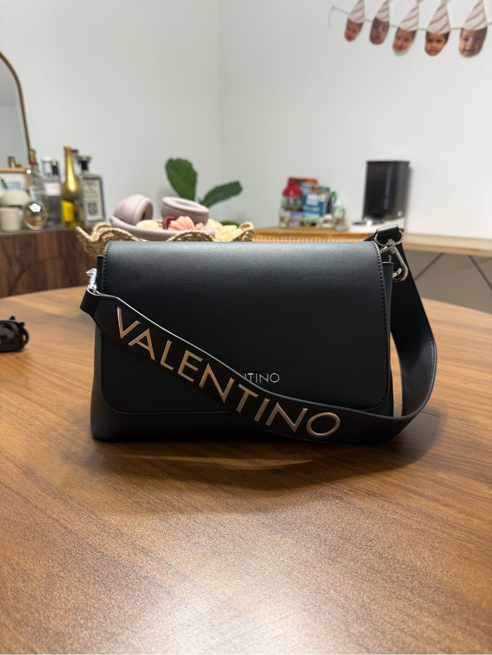 Valentino Black Leather Crossbody with Logo Strap